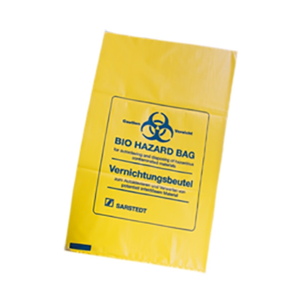 Risikoaffaldspose 40 liter gul med blå tekst /50