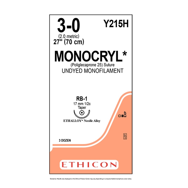 Monocryl Y215H ofärgad 3/0 rund nål RB-1 70 cm /36