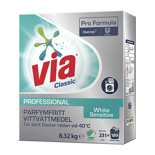 Vaskemiddel Via Professional Sensitive S Hvid 8,32 kg /stk