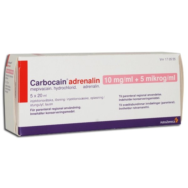 Carbocain® adrenalin 10 mg/ml + 5 µg/ml injektionsvätska 5 x 20 ml